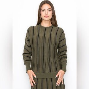 Yal New York OLIVE KNIT SWEATER WITH VERTICAL STRIPES